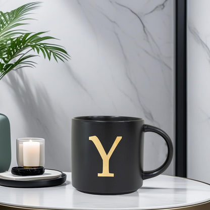 COLLECTIVE HOME - Monogram Ceramic Mugs, 15 oz Golden Initial Black Coffee Cups, Elegant Alphabet