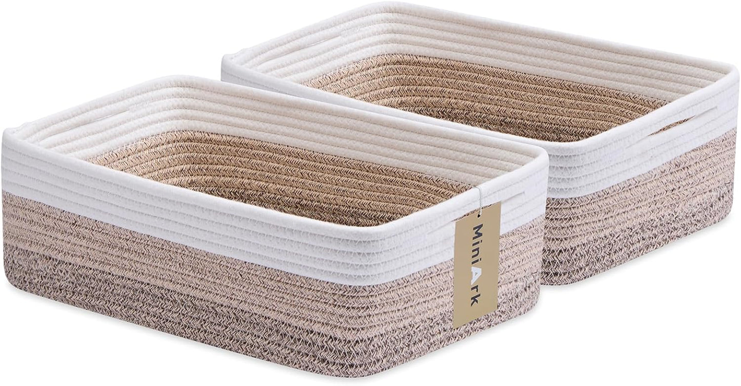 Large Shallow Organizing Baskets 15x11x5.1 Inches - Rope Woven Storage Bins for Bathroom, Shelves
