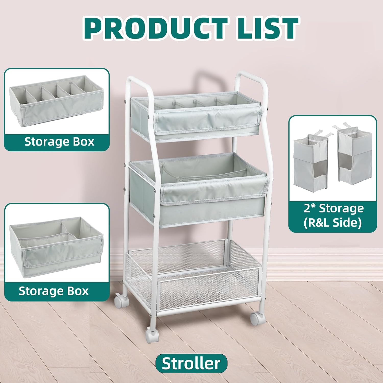 Moteph Rolling Utility Cart with Side Storage - Diaper Organizer, Nursery Essentials, and Craft