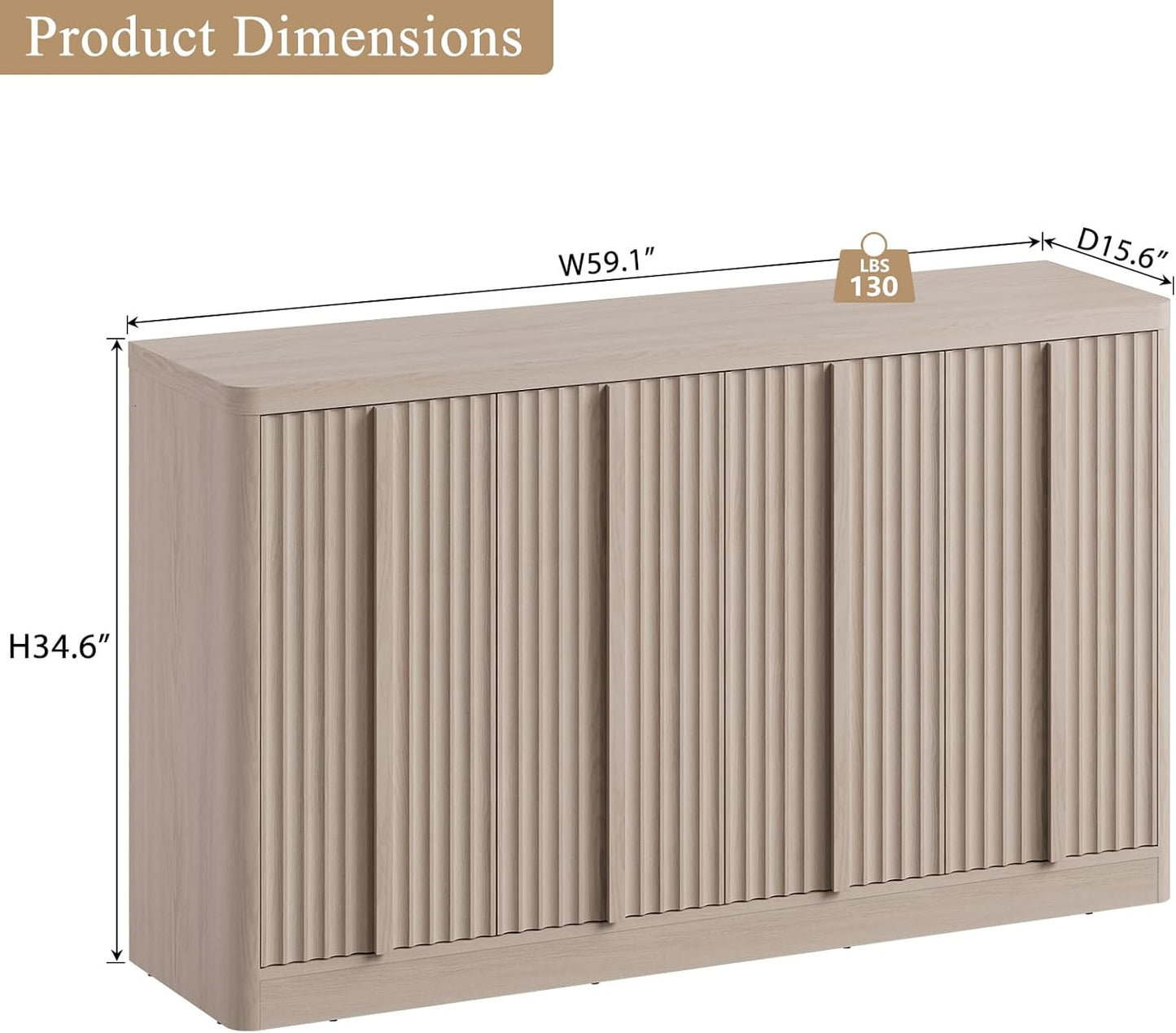 Fluted Buffet Cabinet with Storage, 60" Sideboard Buffet Accent Cabinet with 4 Door & Solid Wood