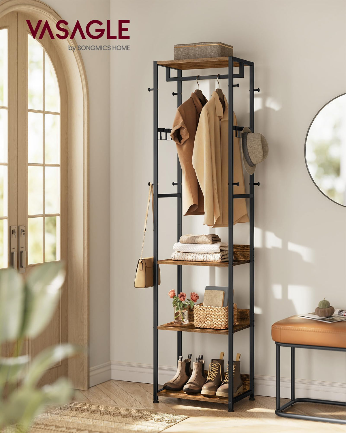 VASAGLE Coat Rack, Freestanding Hall Tree with Shelves, Hanging Rail, and Hooks, Space-Saving Coat