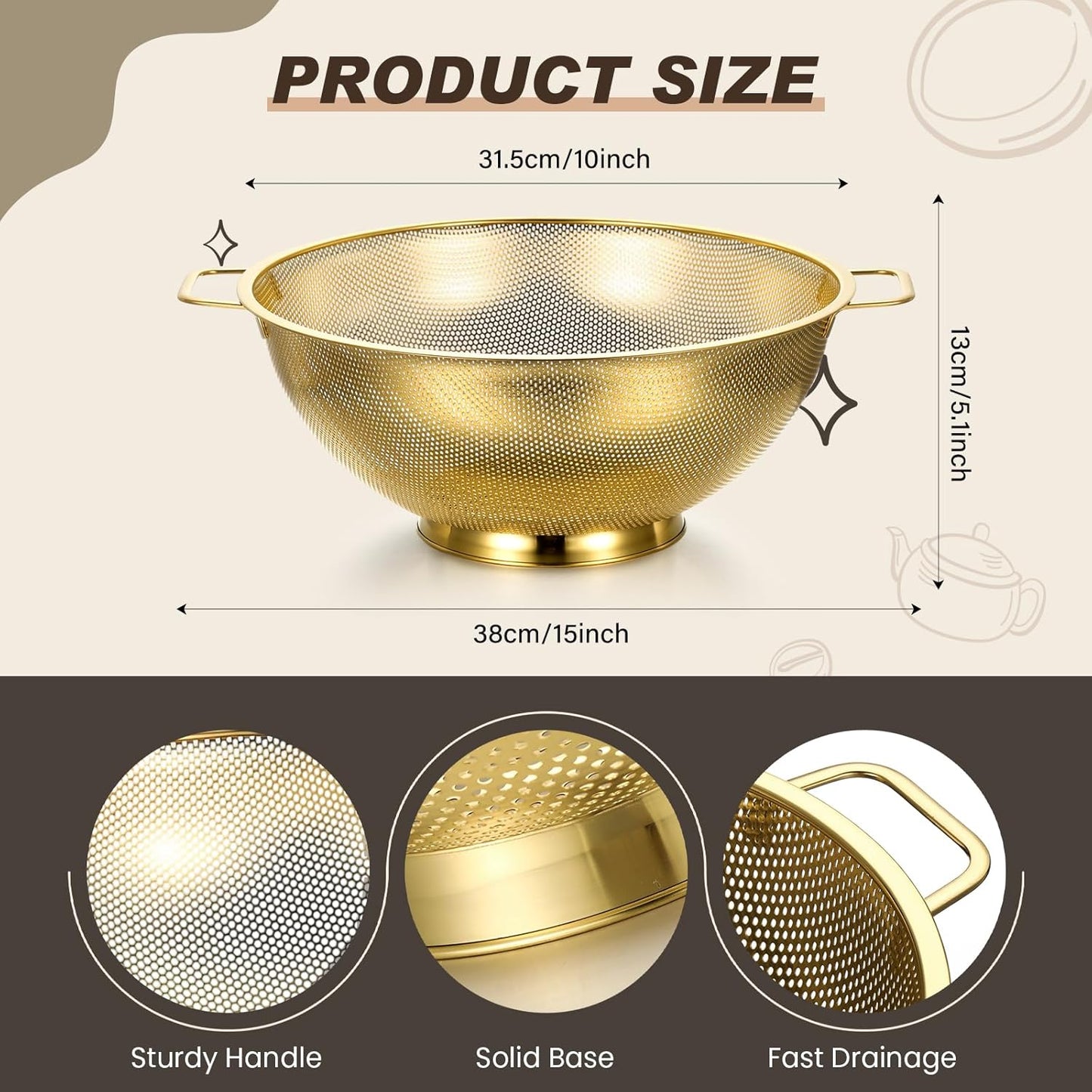 Norme 7 Quart Stainless Steel Gold Colander and 3 Pcs Gold Fine Mesh Strainer, Stainless Steel