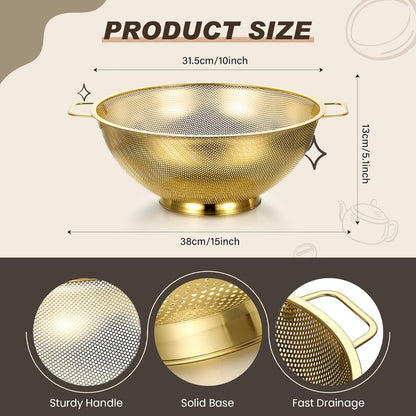 Norme 7 Quart Stainless Steel Gold Colander and 3 Pcs Gold Fine Mesh Strainer, Stainless Steel