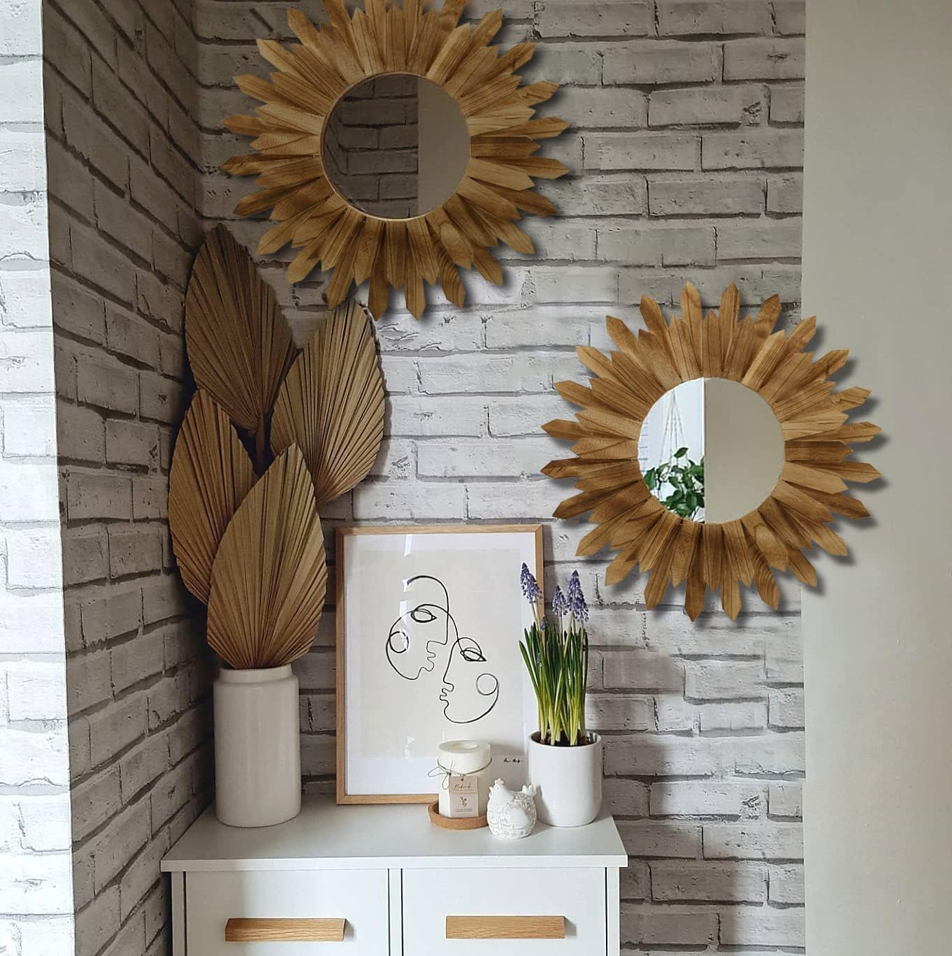 LOSOUR 2 Pack 22 Inch Boho Wall Sunburst Mirror Rustic Round Wood Decorative Mirror Boho Wall Art