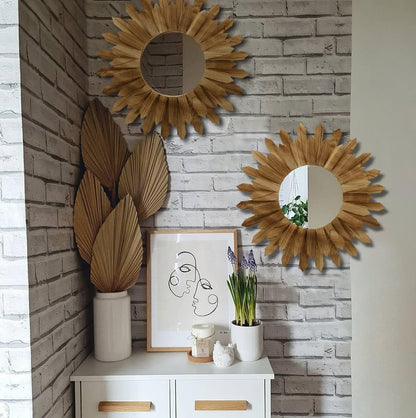 LOSOUR 2 Pack 22 Inch Boho Wall Sunburst Mirror Rustic Round Wood Decorative Mirror Boho Wall Art