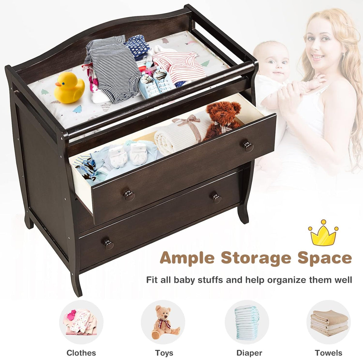 Costzon 3-Drawer Changing Table, Infant Diaper Changing Station with Drawers, Safety Rails & Strap
