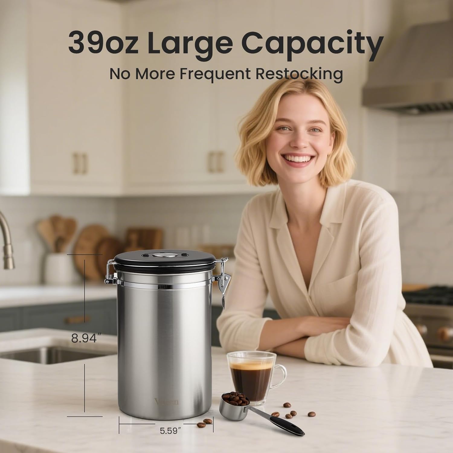 Veken Coffee Canister, 39OZ Large, Airtight Stainless Steel Food Storage Container for 2.2lbs