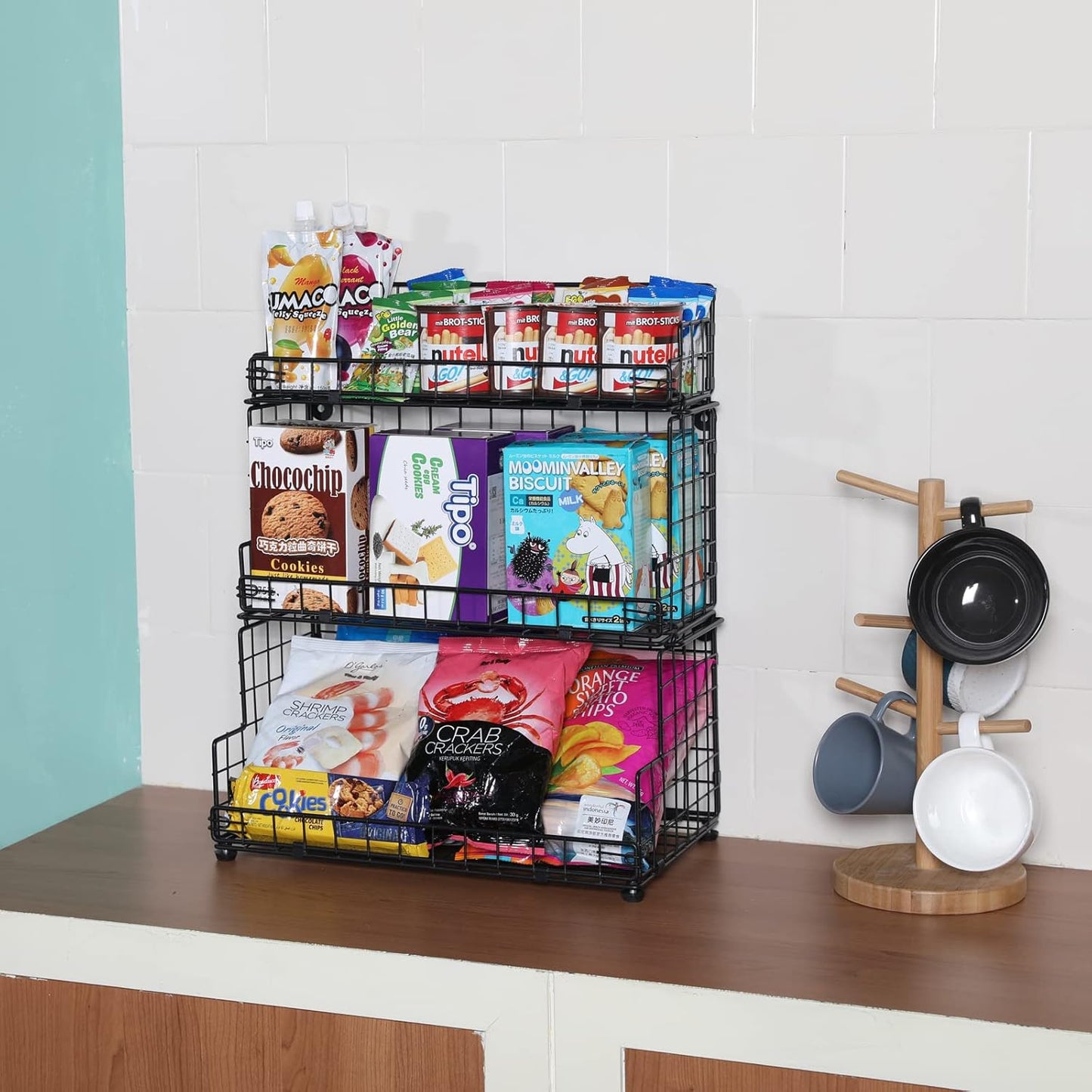 X-cosrack Stackable Wire Basket 3 Tier Countertop& Wall Mounted Metal Storage Basket for Kitchen