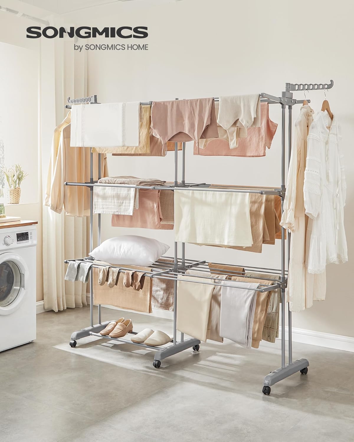 SONGMICS Clothes Drying Rack 4-Tier, Foldable Laundry Drying Rack 69.9-Inch Tall, Extendable Rods
