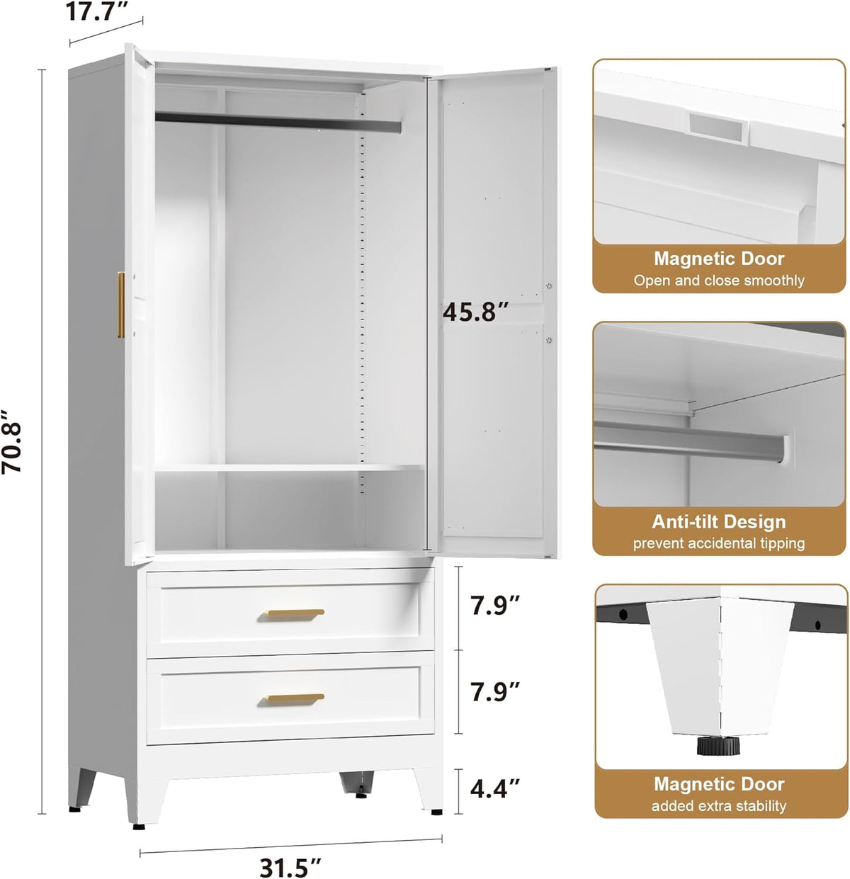 71'' Farmhouse Metal Wardrobe Cabinet with Hanging Rod, 2 Barn Door Wardrobe Closet with Adjustable