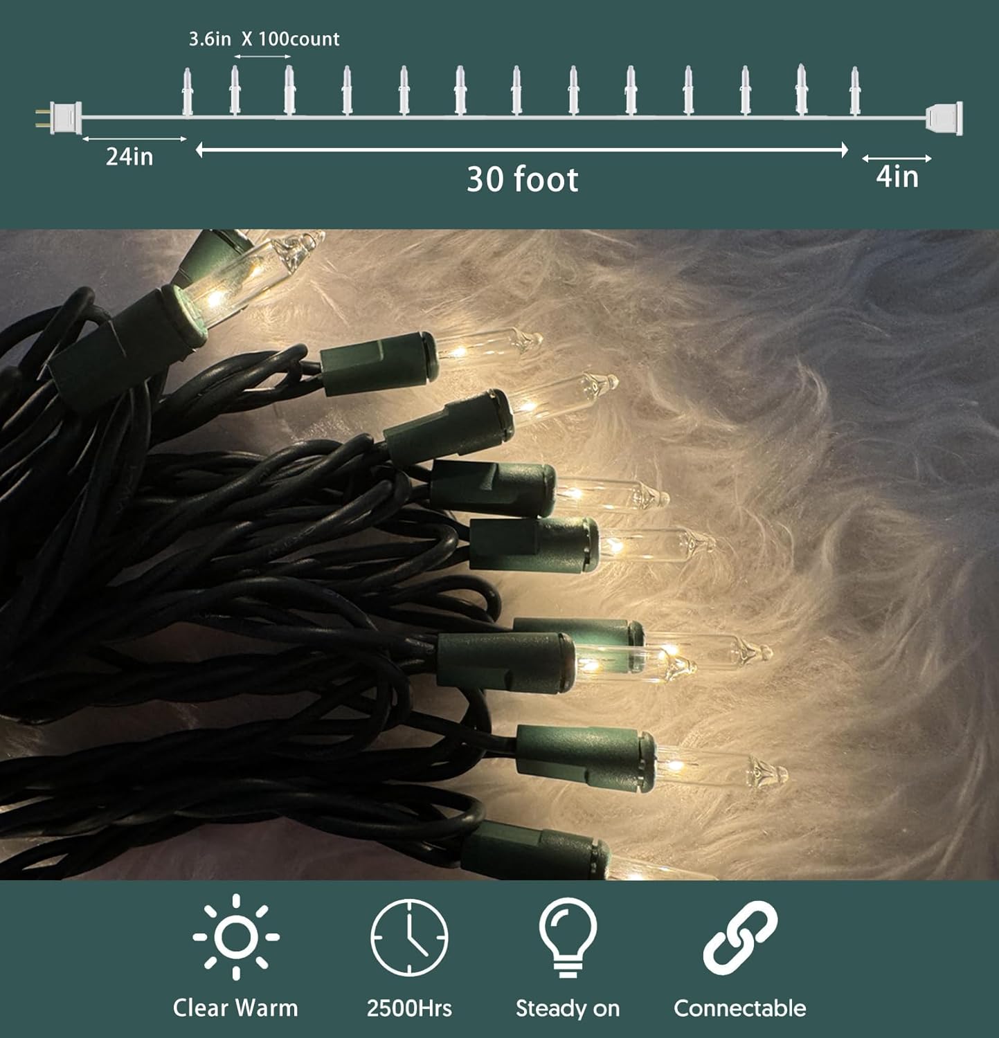 HISHINY Christmas Lights 100 Count Clear Christmas Tree String Lights with Green Wire for Outdoor