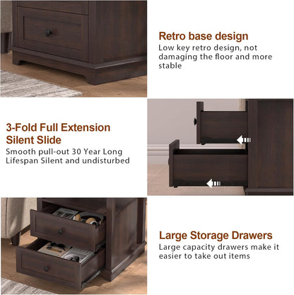 HIFYOBRO 24" Tall End Table with 2 Drawers and Charging Station, Type-C & USB Port & Power outlets