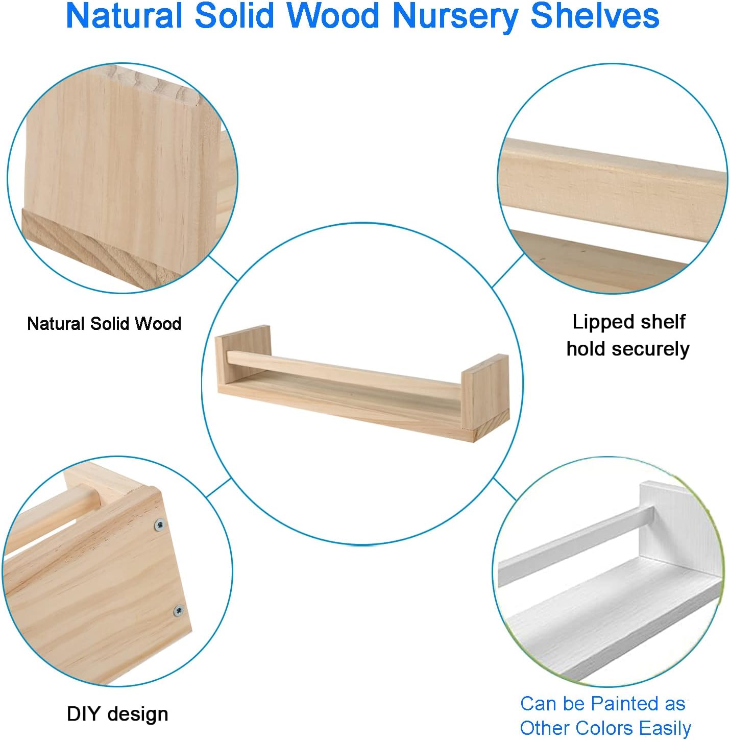 Nursery Floating Book Shelves for Kids Room, Kitchen Spice Rack, or Rustic Wall Mounted Shelves for
