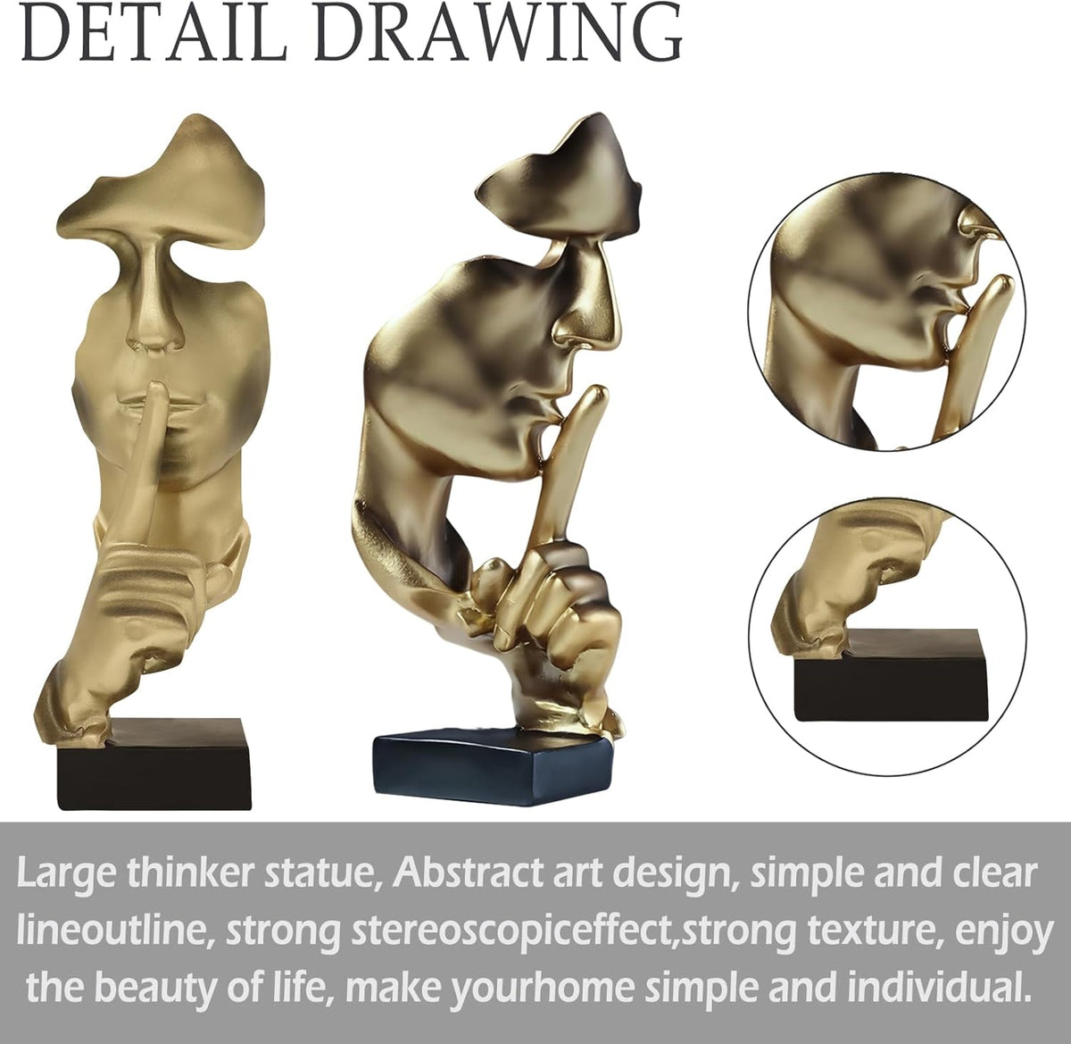 aboxoo Thinker Statue, Silence is Gold Abstract Art Figurine, Modern Home Resin Sculptures