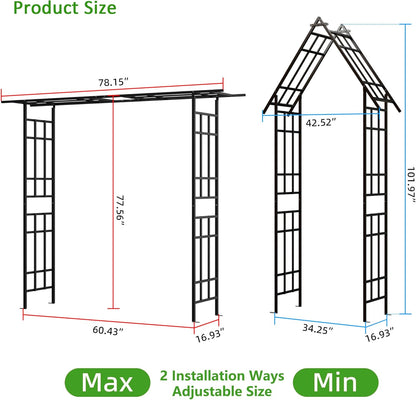 Metal Garden Arch Arbor Trellis Climbing Plants Outdoor Black Flat Top or Arch, Adjustable Width