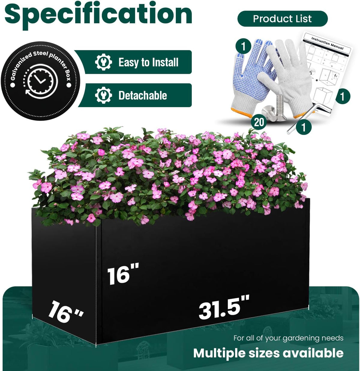 Galvanized Steel Metal Planter Rectangular Indoor Black Planter Box Large Outdoor Planters Steel