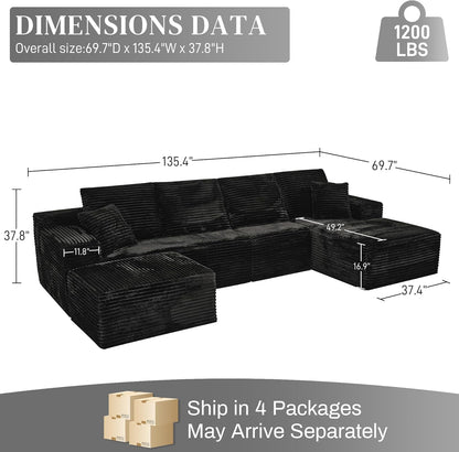 Modular Sectional Sofa Cloud Sectional Couch, 135" Comfy Fluffy U Shaped Black Couches for Living