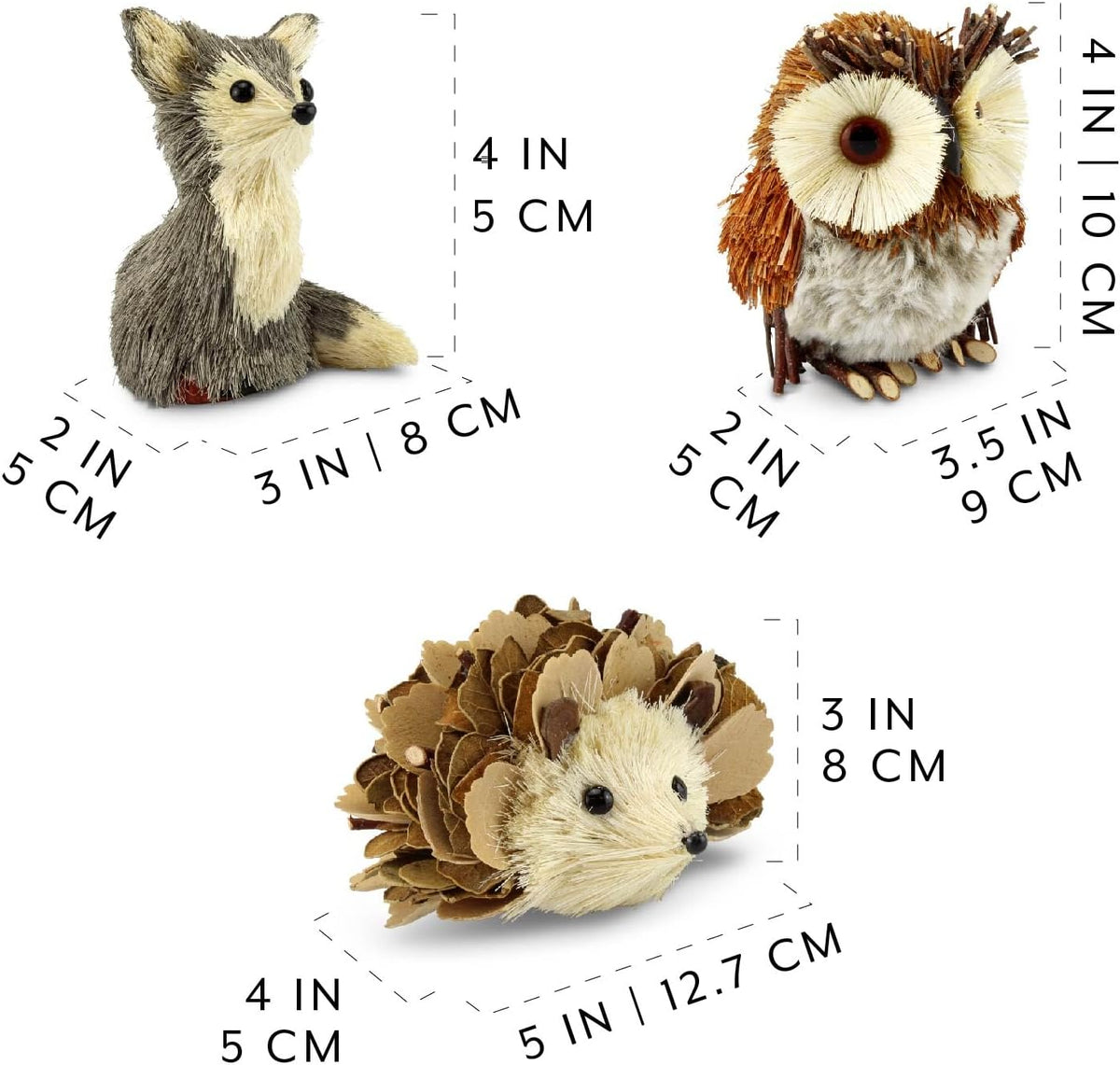 AuldHome Design Woodland Friends Figurines (Set of 3, Fox/Owl/Hedgehog); Forest Animals Decor for