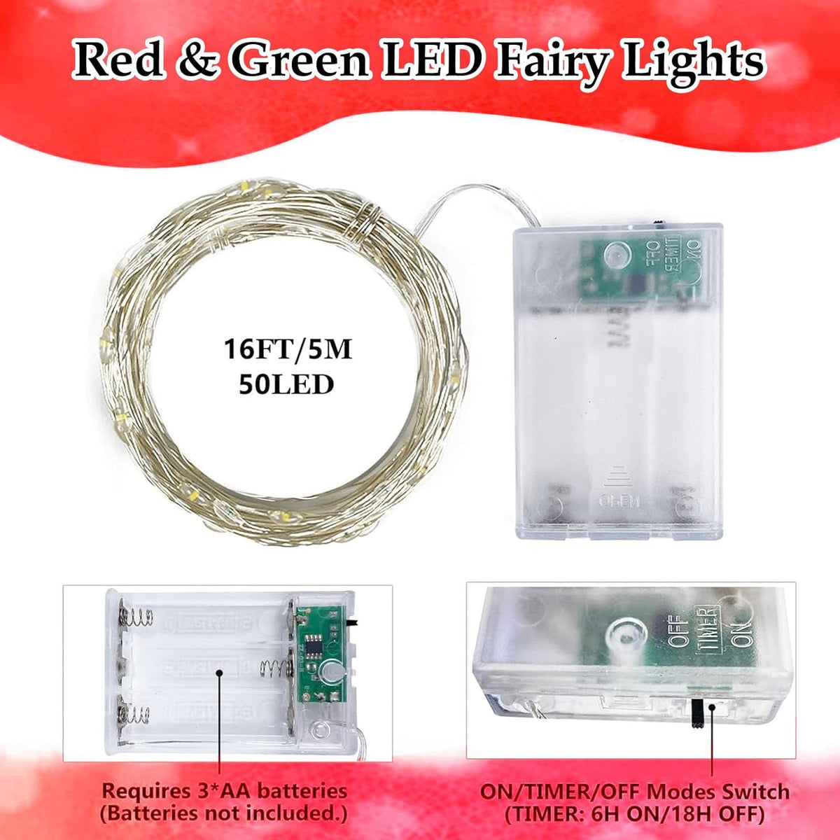 4-Pack 50 LED Fairy Lights Battery Operated with Timer, 16FT Waterproof Starry Christmas Lights