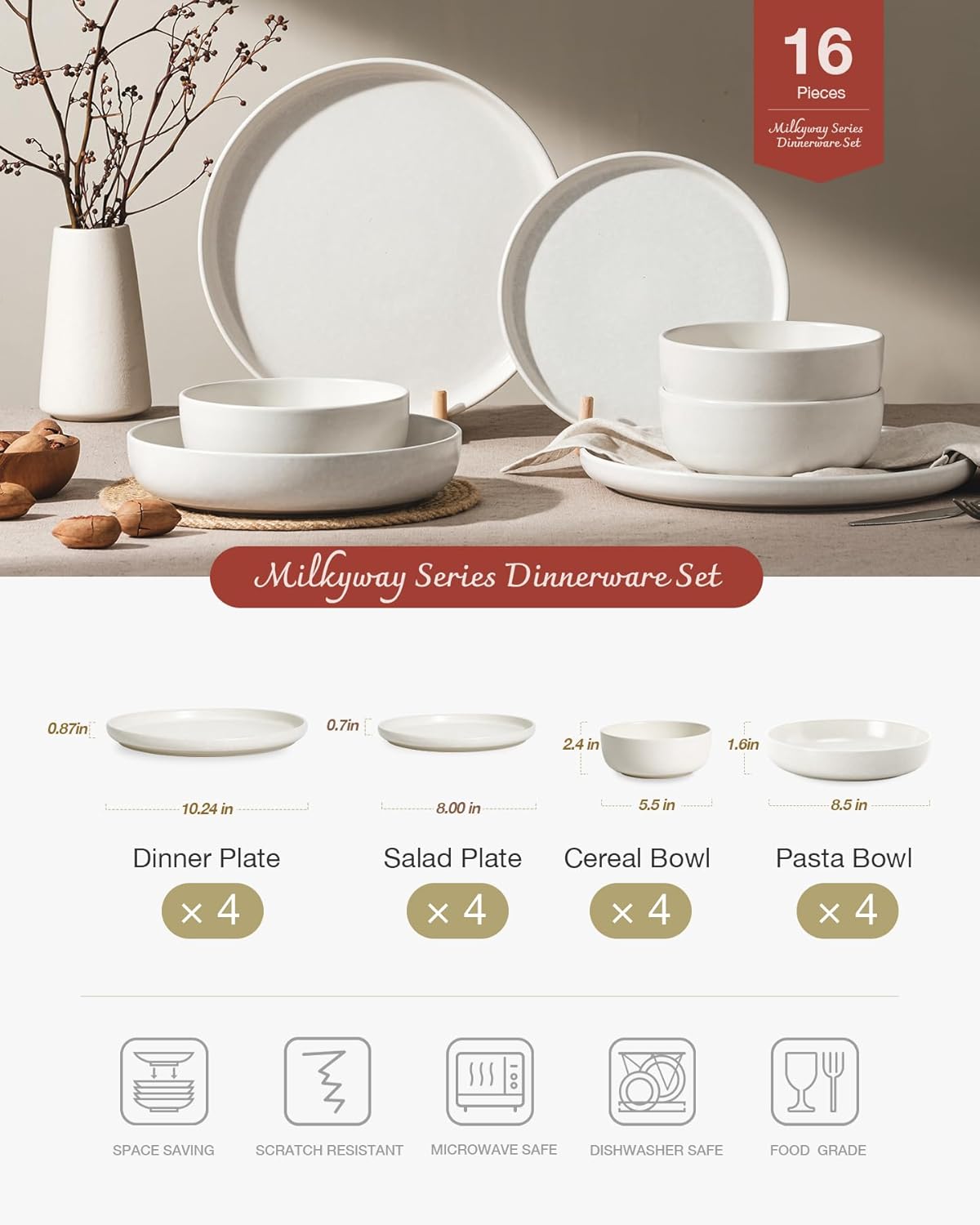 Famiware Milkyway Stoneware Dinnerware Sets with Pasta Bowls, Service for 4 (16 Pieces), Reactive
