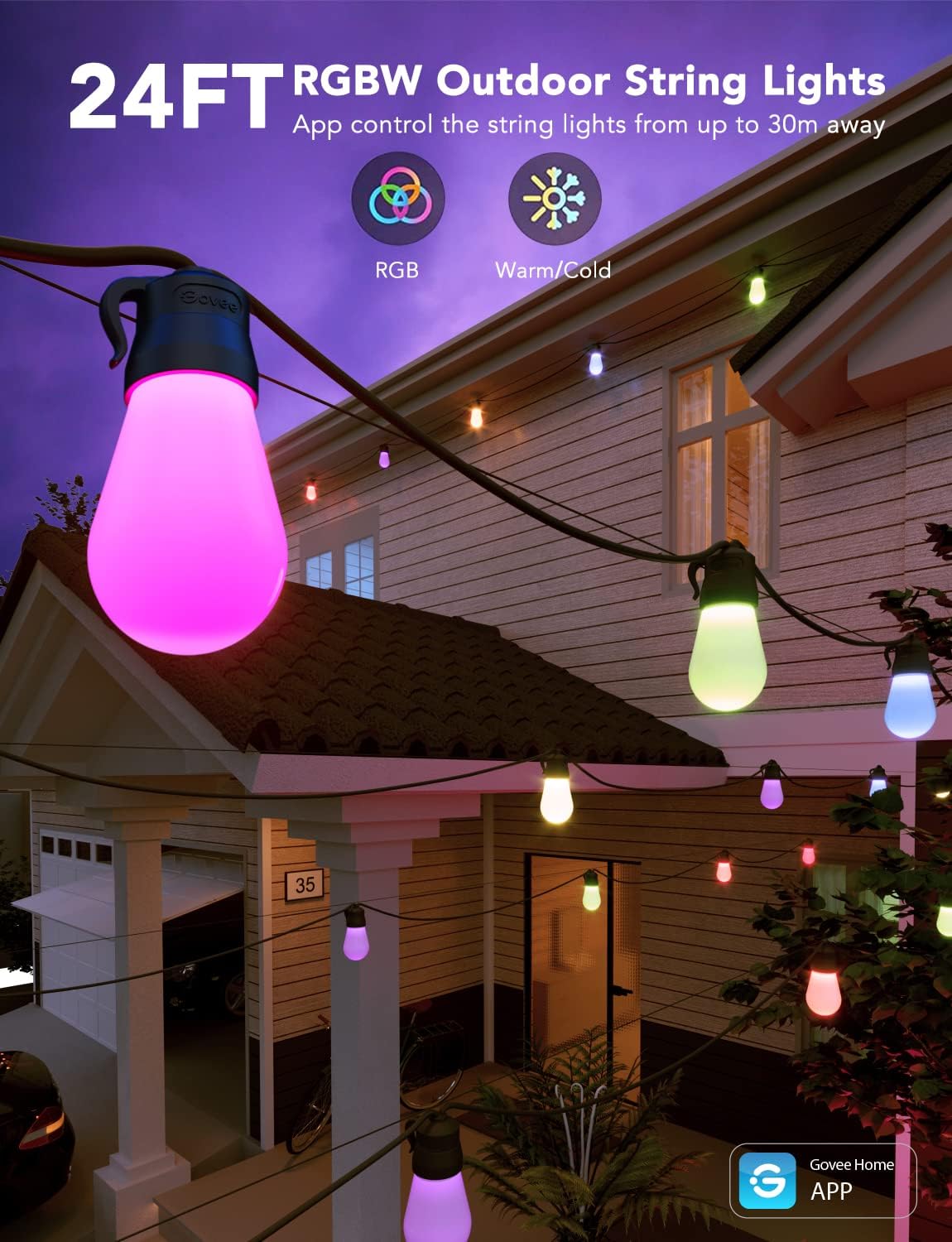 Govee Smart Outdoor String Lights H7029, 24ft RGBIC Outdoor Lights with 8 Dimmable LED Bulbs, IP65