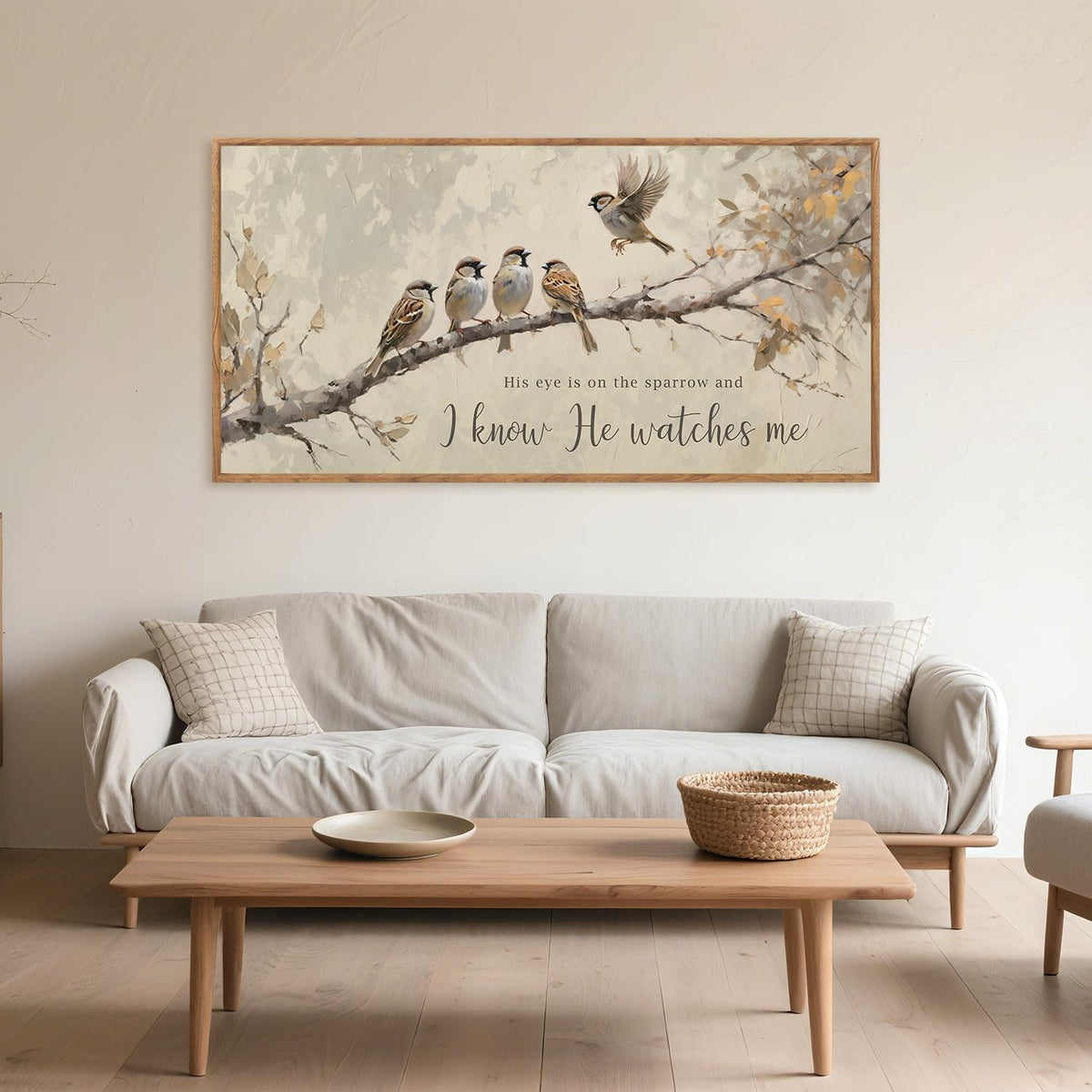 Aurlan His Eye is on the Sparrow Christian Wall Art Framed(40"x20"), Vintage Neutral Birds on Tree