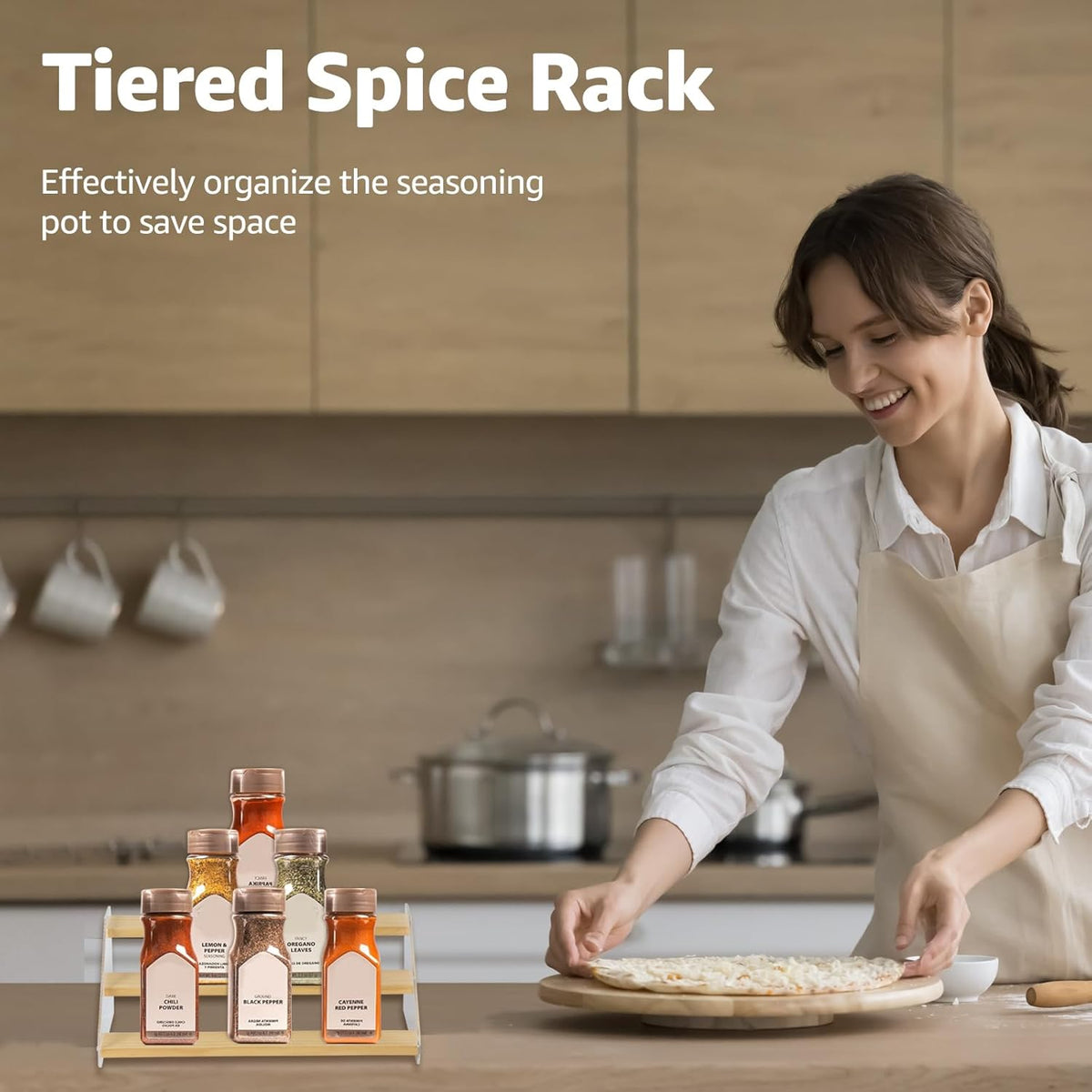 nianfeng Tiered Spice Rack, 3-Tier Spice Pantry Kitchen Cabinet Organizer, 12-Inch, Natural Wood