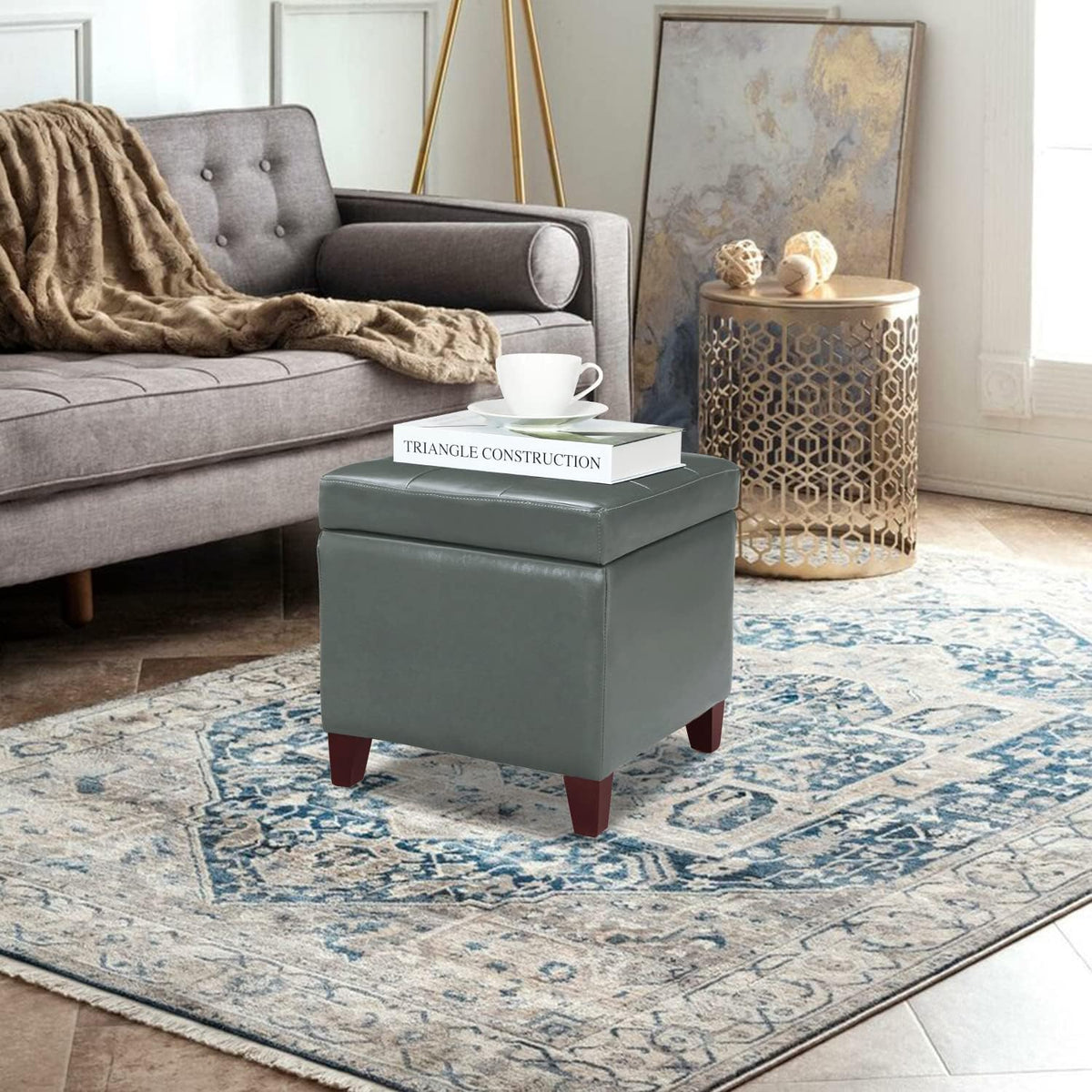 Adeco Bonded Leather Square Tufted Cubic Cube Footstool, 18" Height Storage Ottomans, with Lid