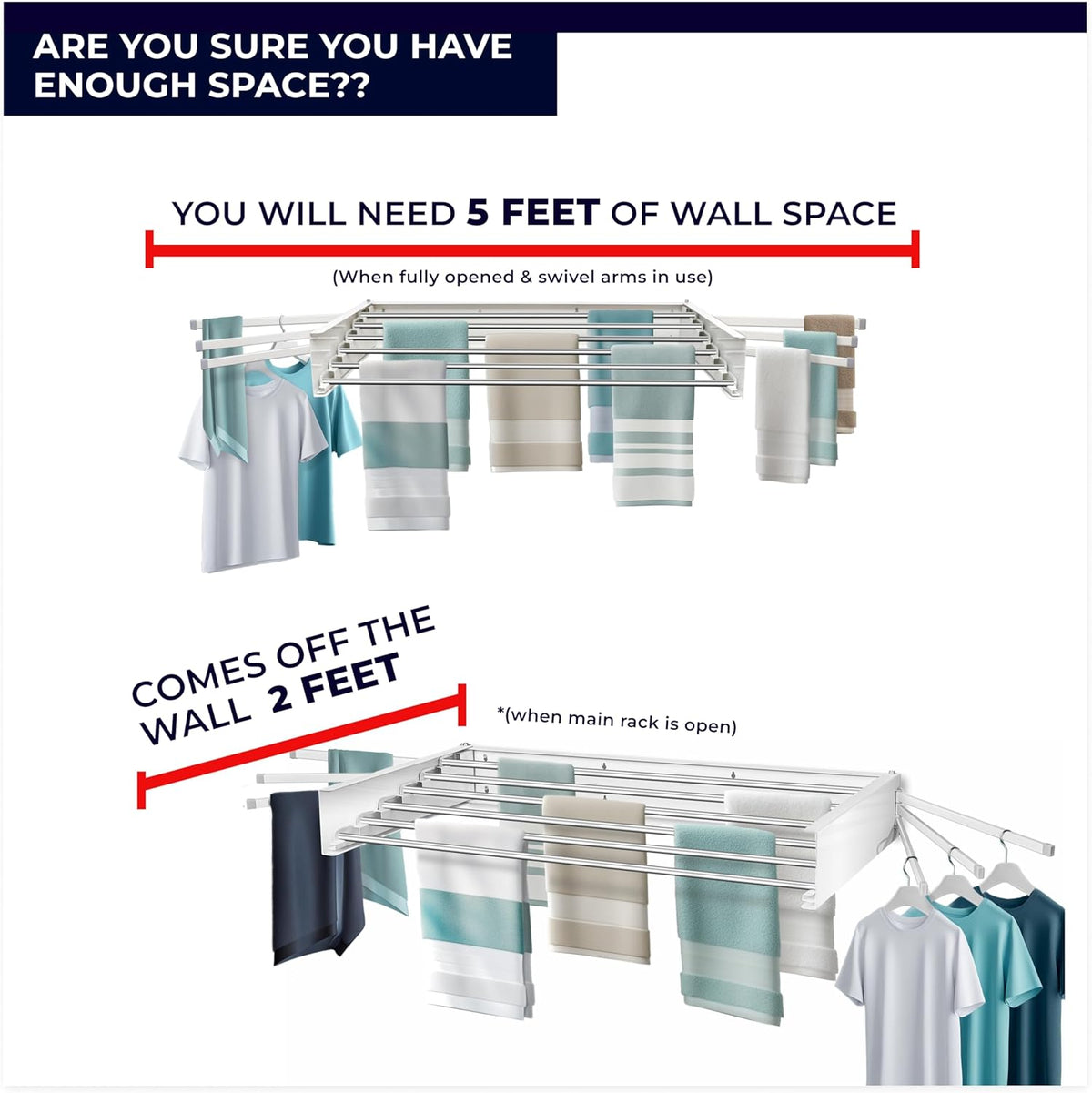 MODERN-X Wall Mounted Clothes Drying Rack with 6 Swivel arms, 35”Wide, 26 Linear ft of Laundry