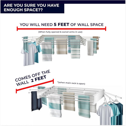MODERN-X Wall Mounted Clothes Drying Rack with 6 Swivel arms, 35”Wide, 26 Linear ft of Laundry