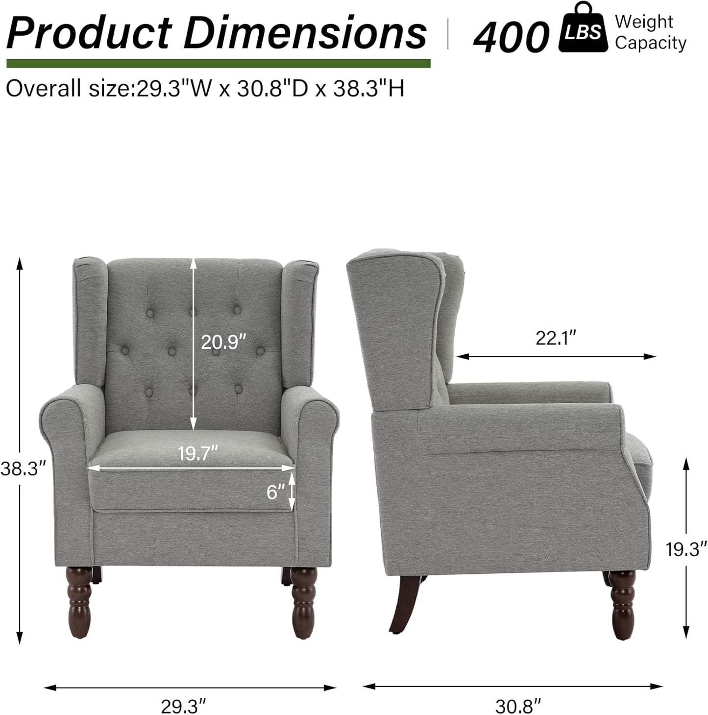 Accent Chair, Upholstered Armchair with Button Tufted High Back & Solid Wood Legs, Comfy Wingback
