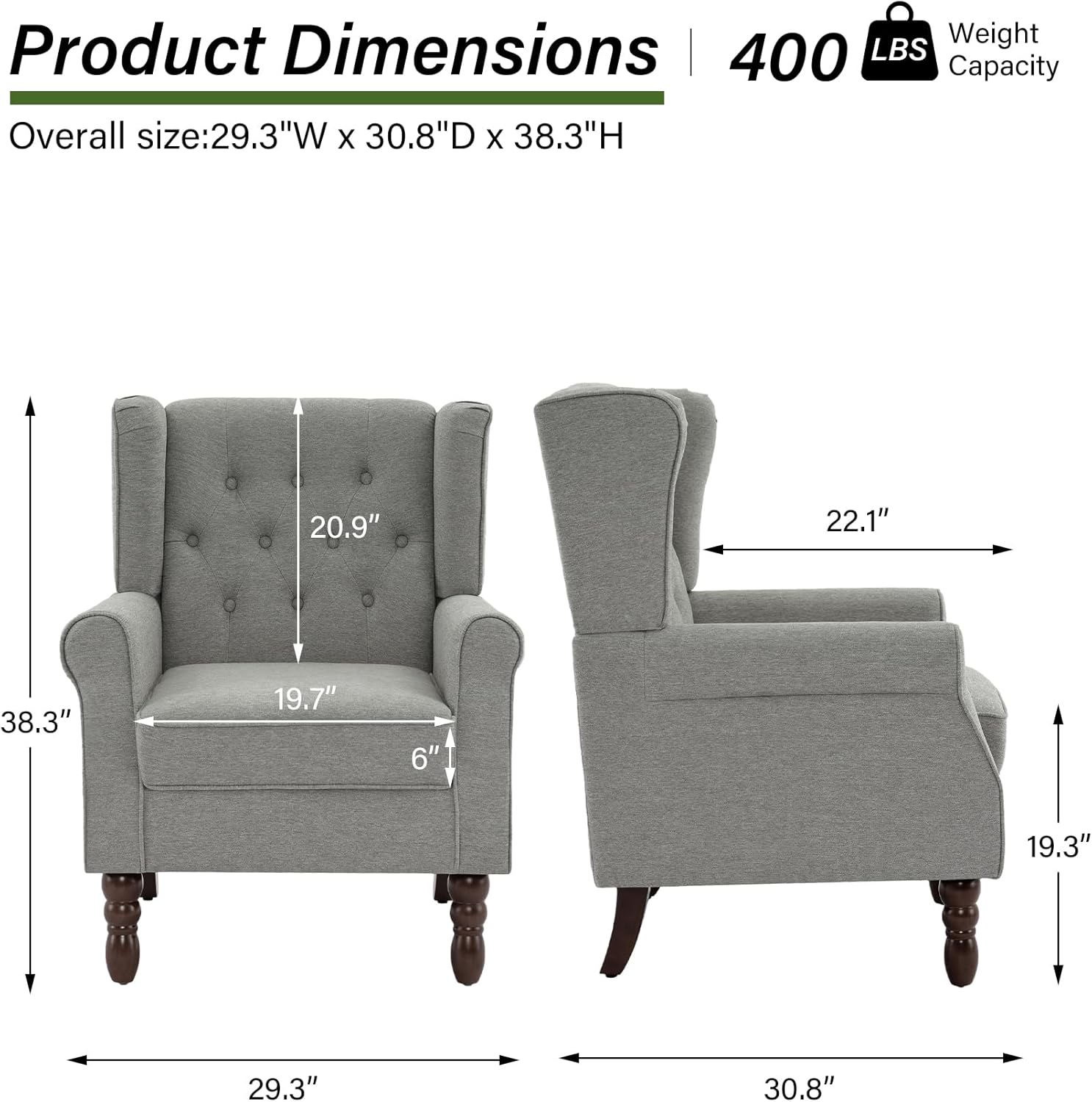 Accent Chair, Upholstered Armchair with Button Tufted High Back & Solid Wood Legs, Comfy Wingback