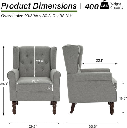 Accent Chair, Upholstered Armchair with Button Tufted High Back & Solid Wood Legs, Comfy Wingback
