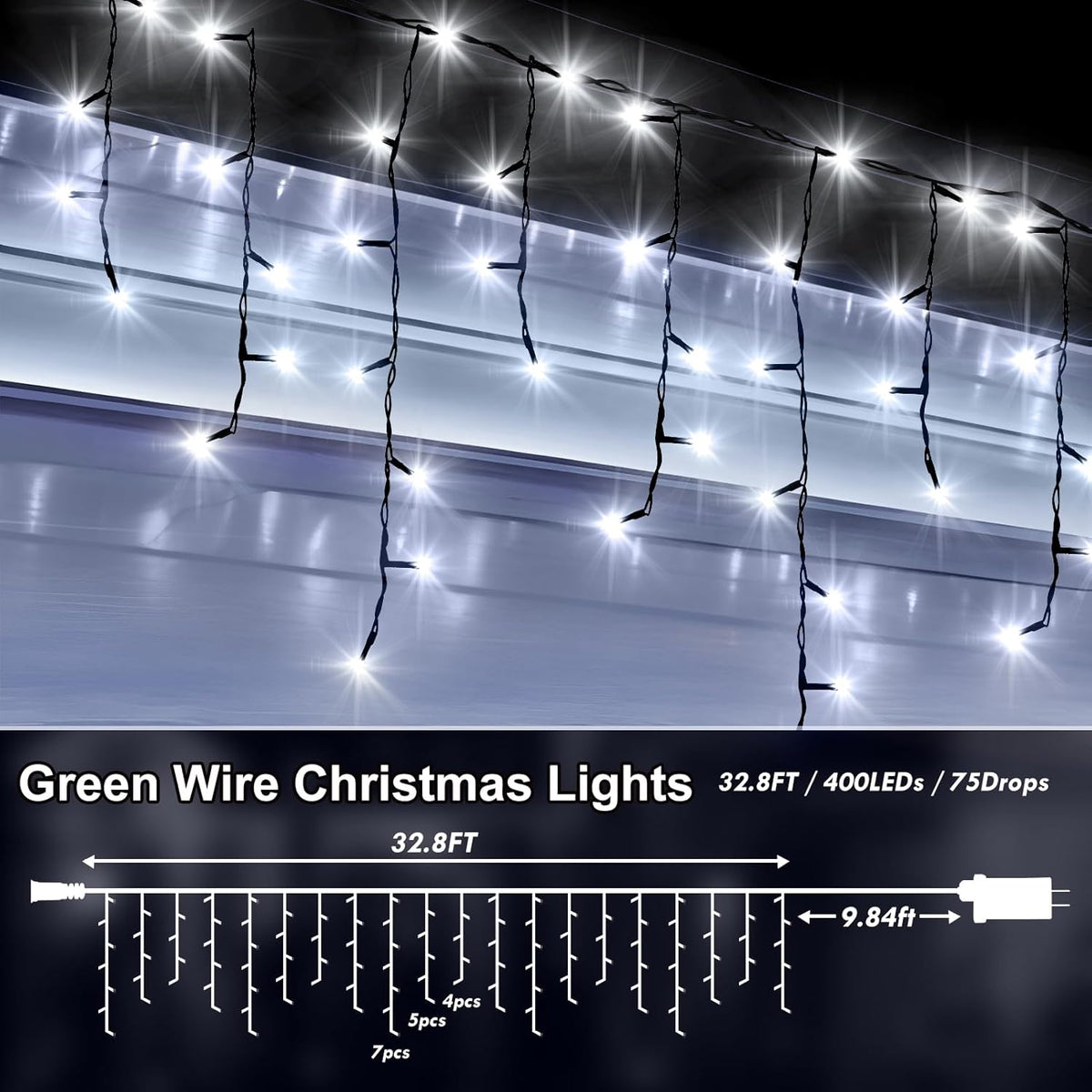 KNONEW 33FT 400 LED Christmas Lights Outdoor Black Wire String Lights with 75 Drops, 8 Lighting
