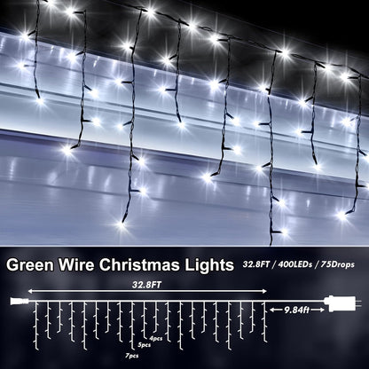 KNONEW 33FT 400 LED Christmas Lights Outdoor Black Wire String Lights with 75 Drops, 8 Lighting