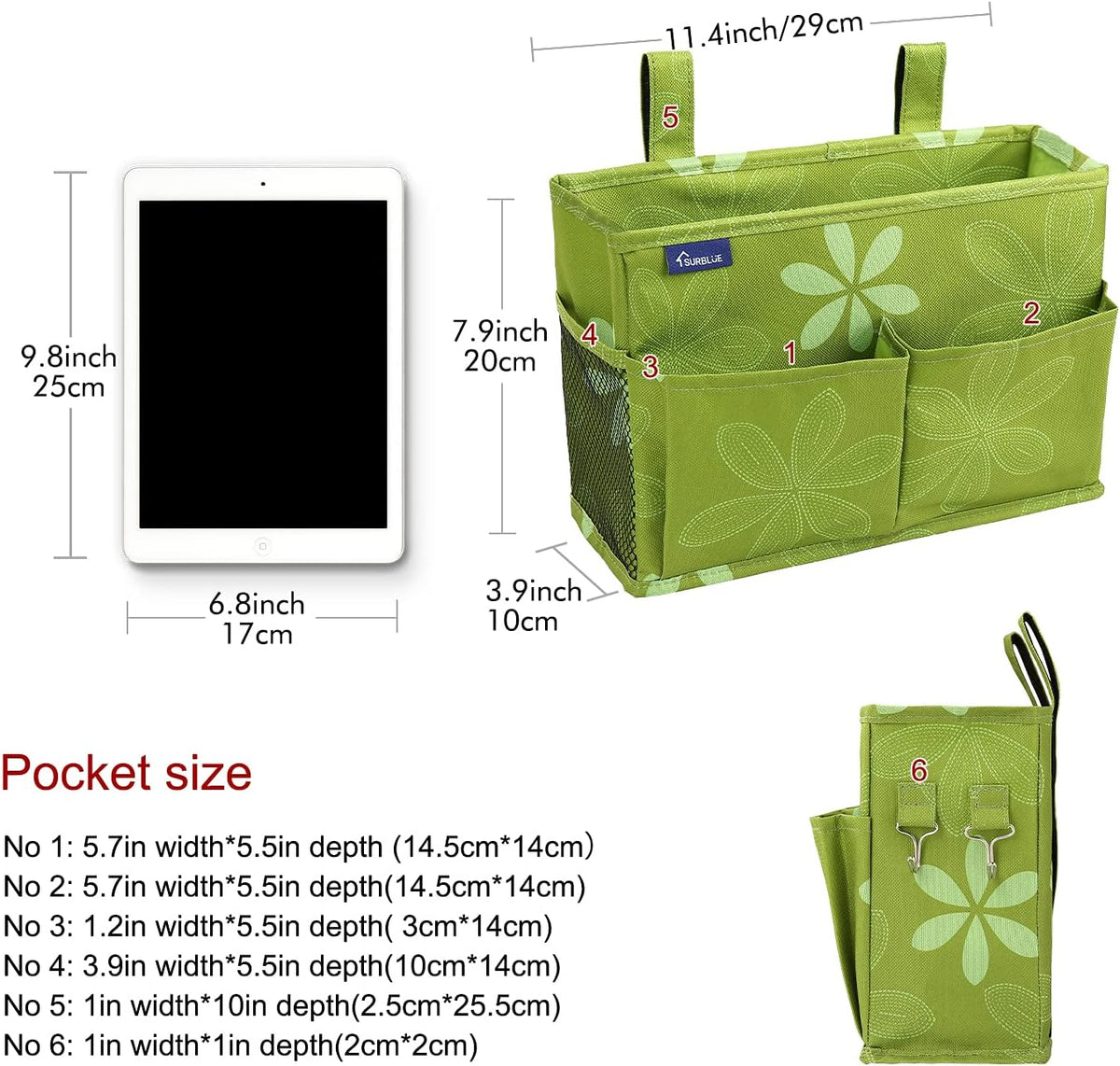 Surblue Bedside Caddy Hanging Bed Organizer Storage Bag Pocket for Bunk and Hospital Beds, College