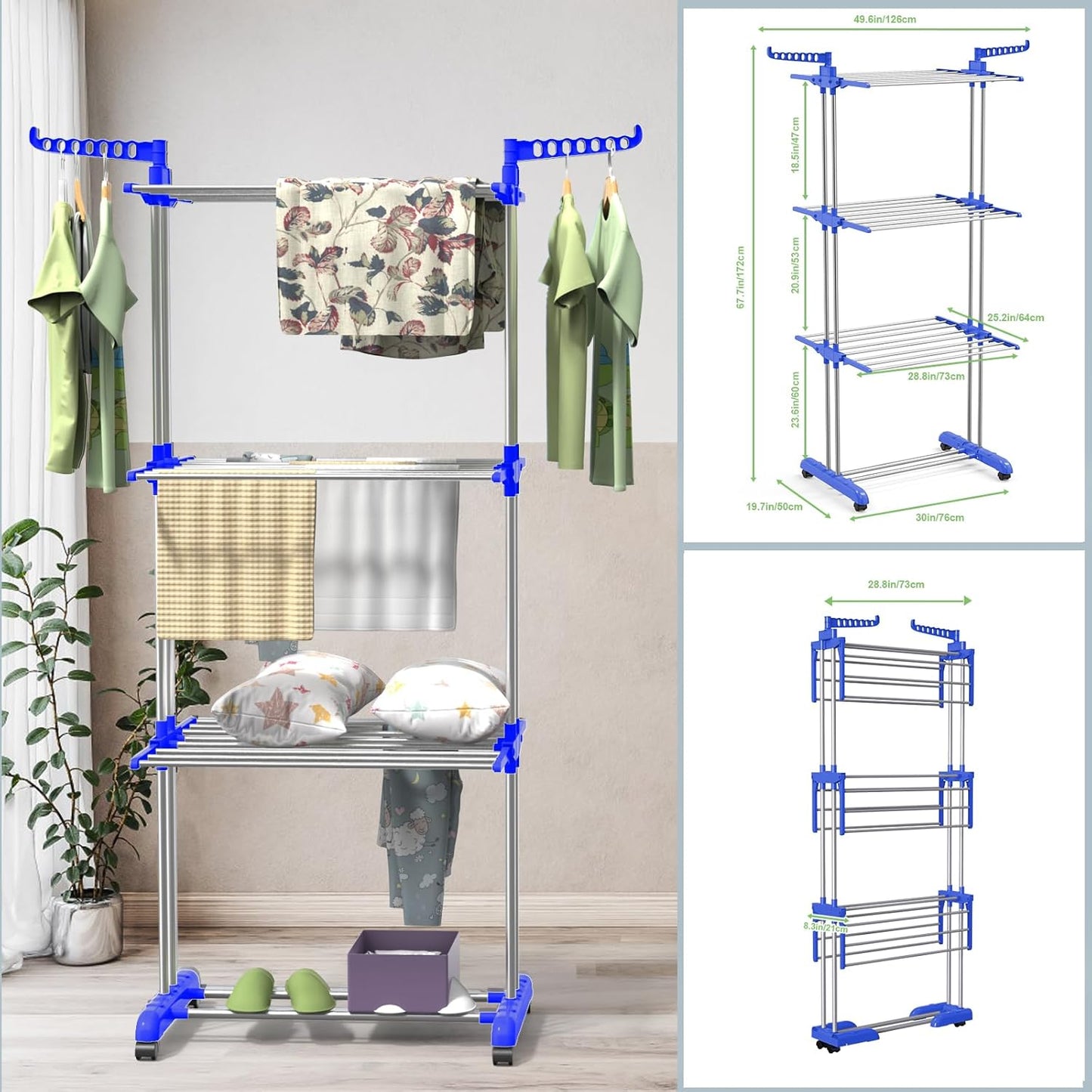 Bigzzia Clothes Drying Rack, 67.7 Inch Laundry Drying Rack with Foldable Base, 4 Tier Stainless