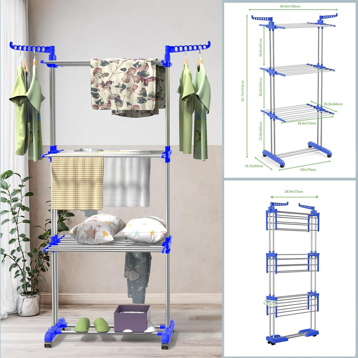 Bigzzia Clothes Drying Rack, 67.7 Inch Laundry Drying Rack with Foldable Base, 4 Tier Stainless