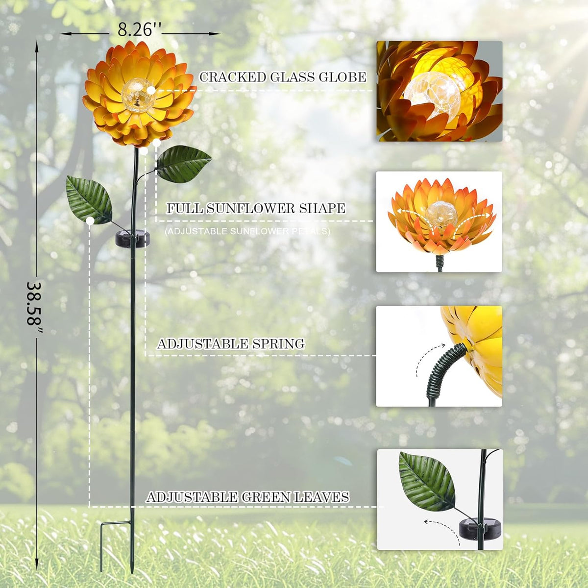 VCUTEKA Solar Garden Lights Metal Flower Decor Colorful Yellow Flowers Solar Pathway Light with LED