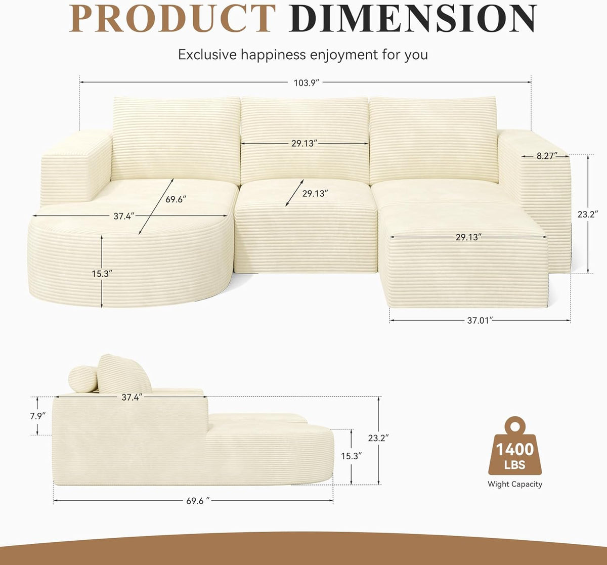 Modular Sectional Sofa with L-Shape Chaise,Cloud Sectional Modern Sleeper Couch with Deep