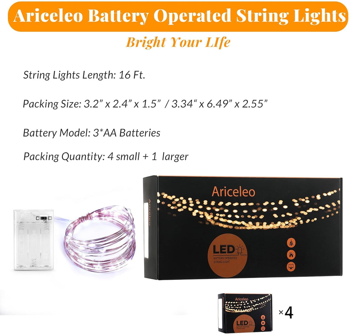 Led Fairy Lights Battery Operated, 4 Packs Mini Battery Powered Copper Wire Starry Fairy Lights for