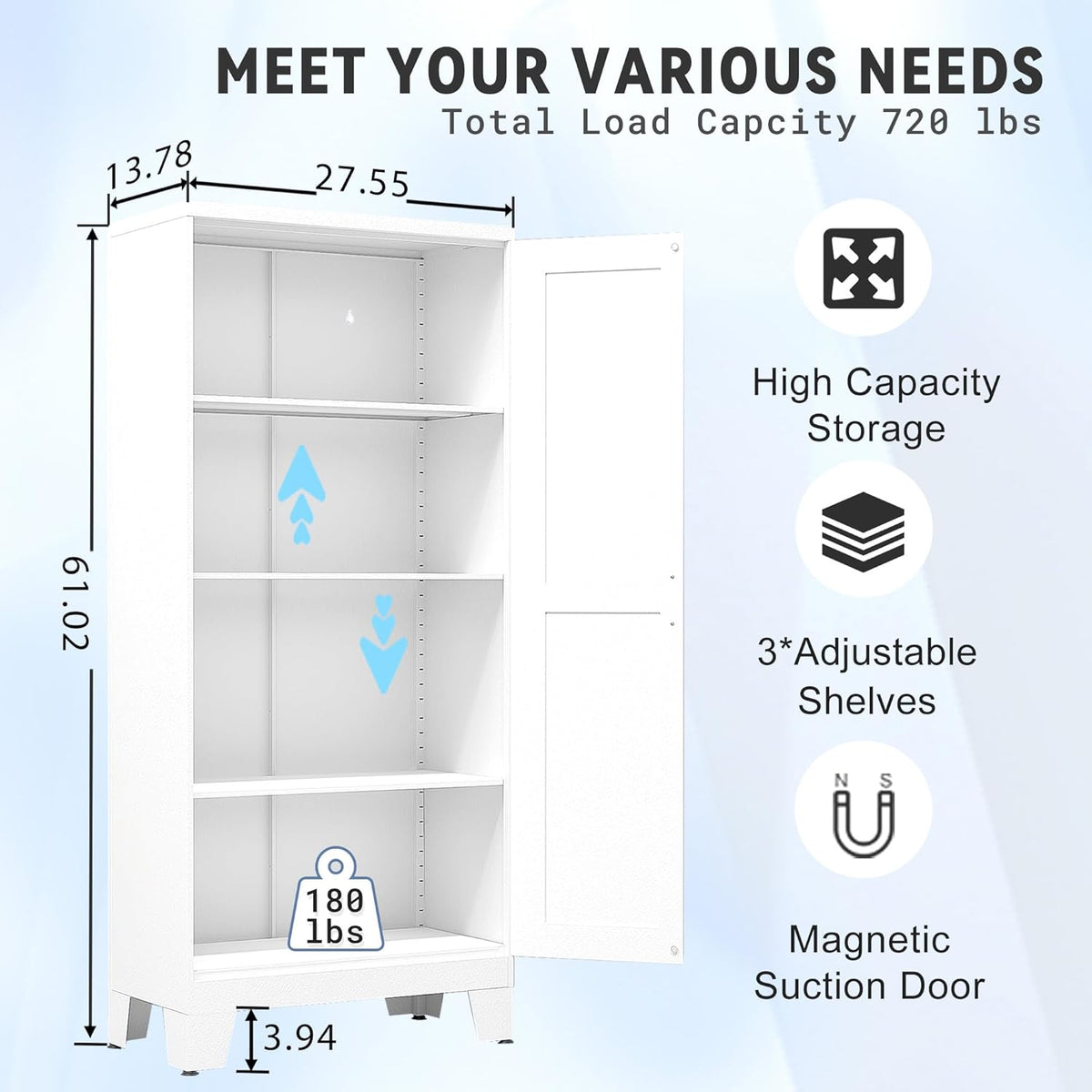 61.02" Pantry Cabinet, Kitchen Pantry Storage Cabinets with Adjustable Shelves and Feet, White