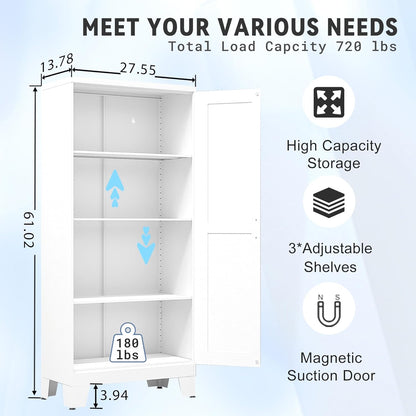 61.02" Pantry Cabinet, Kitchen Pantry Storage Cabinets with Adjustable Shelves and Feet, White