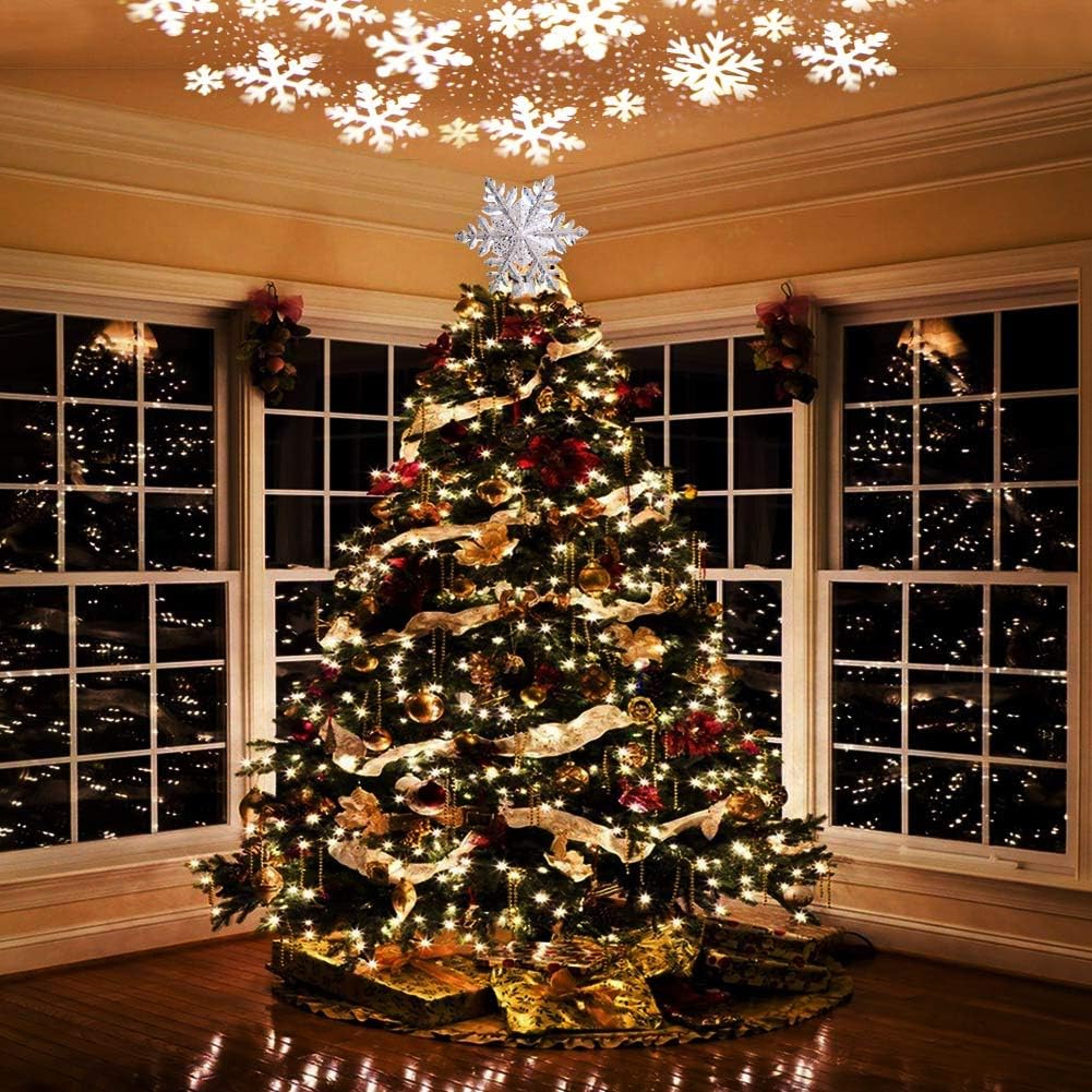 OurWarm Christmas Tree Topper Lighted with LED Rotating Silver Snowflake Decorations Projector