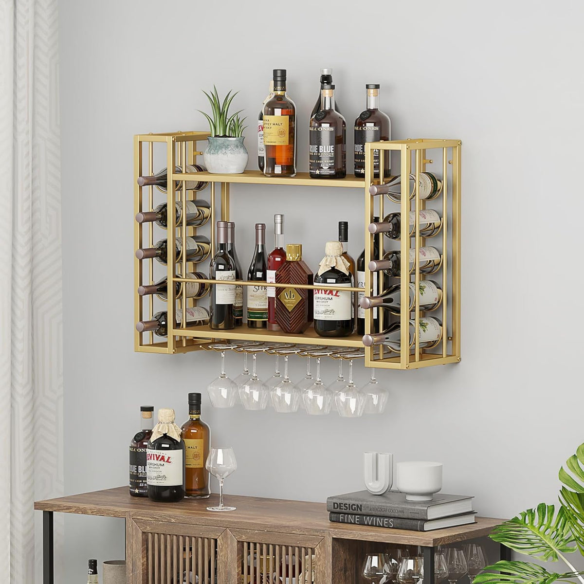 Wall Mounted Wine Rack, Hanging Floating Bar Liquor Shelves with Glass Holder, Metal Bottle Holder