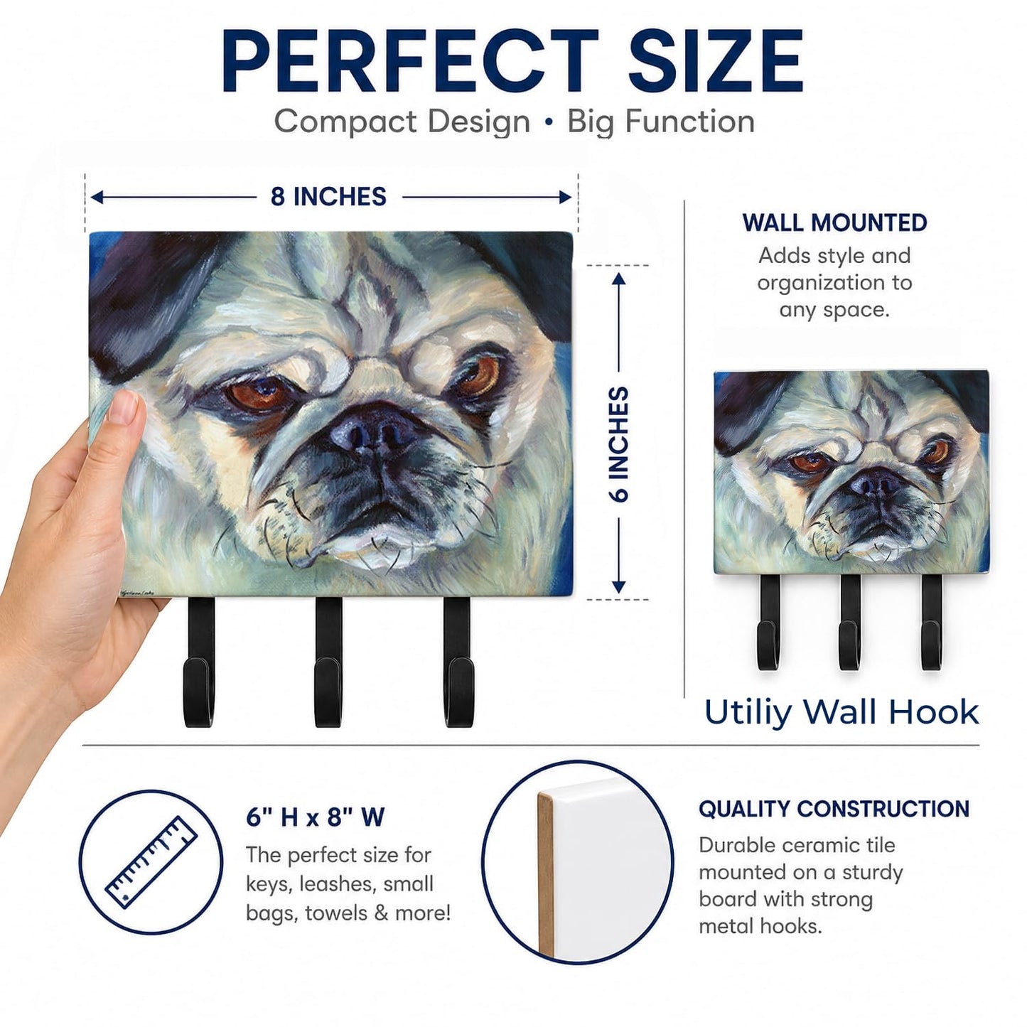 Caroline's Treasures 7422TH68 Pug in Thought Leash or Key Holder, Wall Hooks, Key Hooks Holder