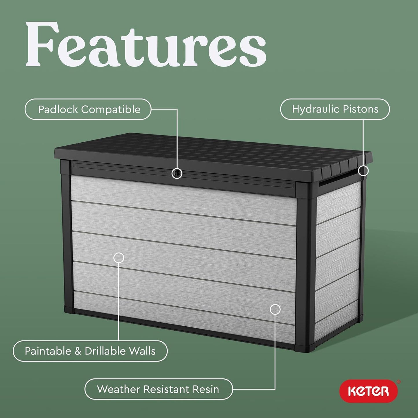 Keter Denali 200 Gallon Resin Large Deck Box with Double Wall 20mm Panels - Paintable and