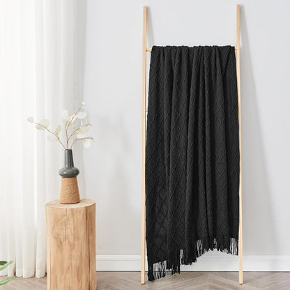 inhand Knitted Throw Blankets for Couch and Bed, Soft Cozy Knit Blanket with Tassel, Black