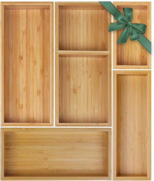 Bamboo Drawer Organizer Set, 5 PCS Multi-Use Individual Wood Storage Organizers, Junk Drawer