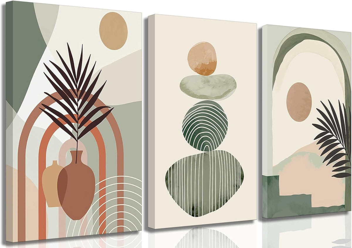 3 Pcs Mid Century Modern Boho Abstract Canvas Wall Art Neutral Green Bohemia Sun and Plant Pictures